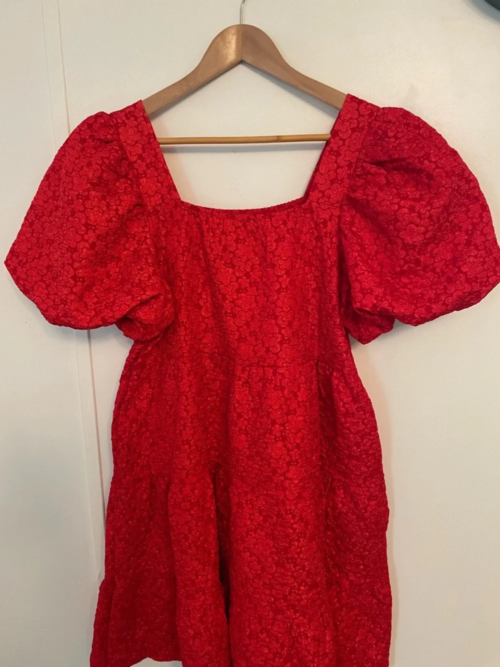 Southern Grace Jasmine Bright Red Puff-Sleeve Tiered Baby Doll Dress Size L - Picture 4 of 10